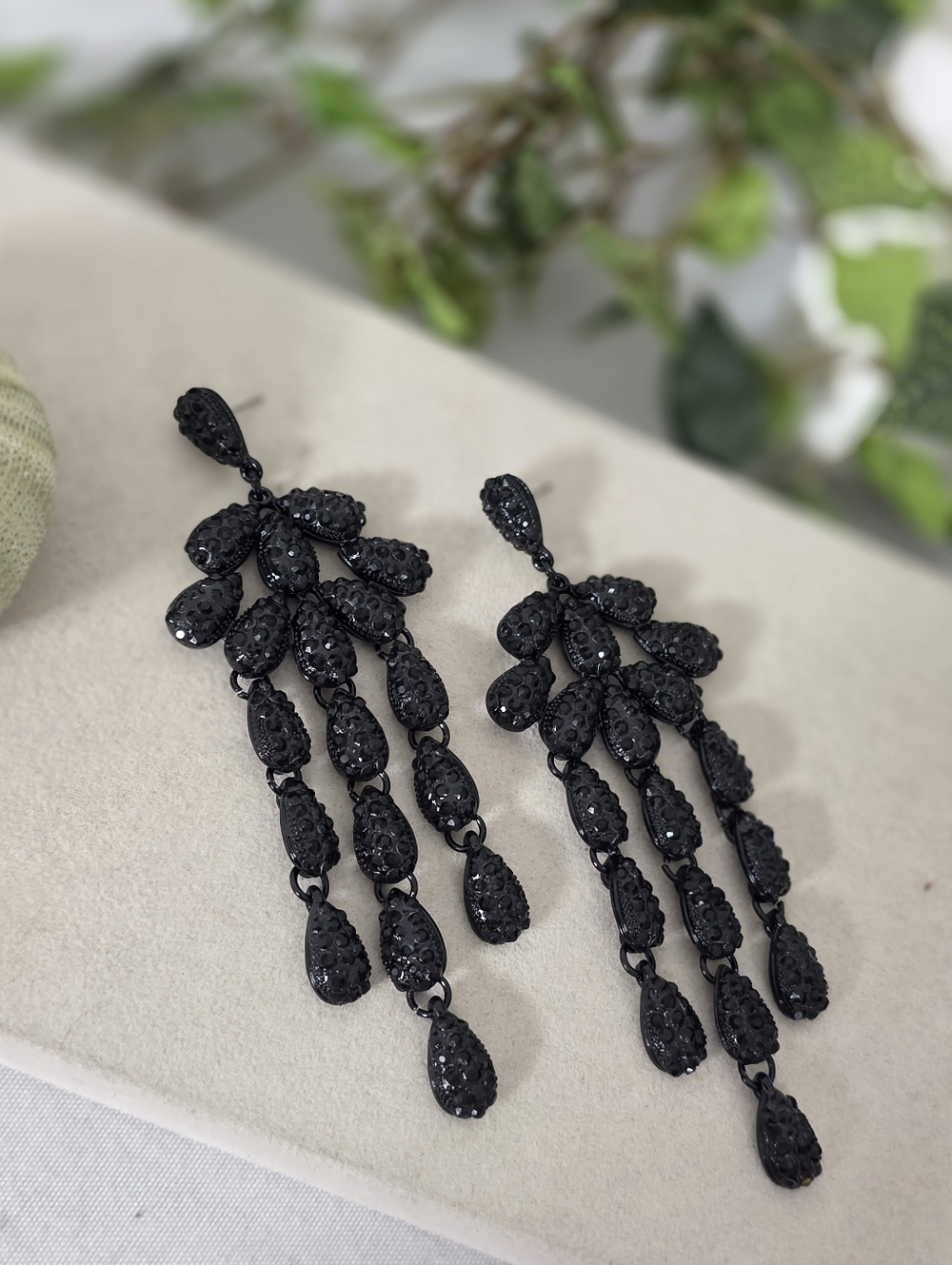 Long Black Cubic Zirconia Crystal Chandelier Statement Earrings